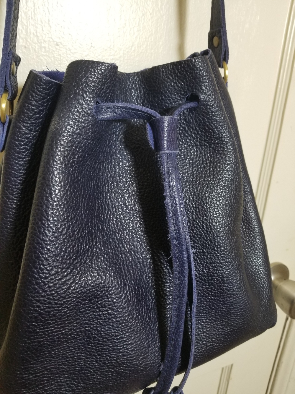 PORTLAND LEATHER GOODS large Bucket Bag COBALT Crossbody Drawstring No Grommets